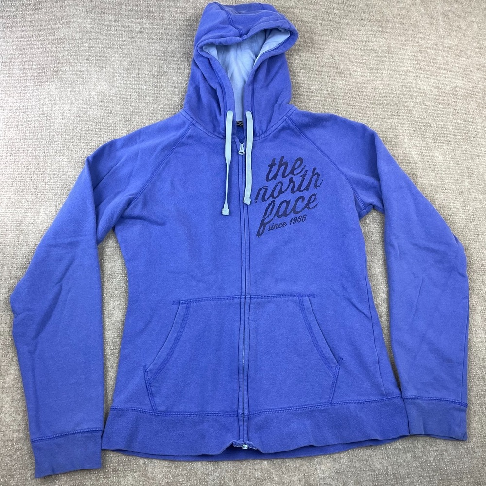 The North Face Hoodie Womens Medium Blue Fleece Lined Cotton Graphic Full Zip - Picture 2 of 14